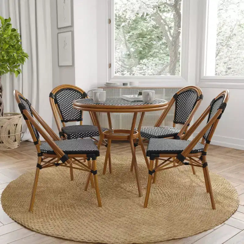Merrick Lane Sacha Table style bistro avec plateau en verre, résine tressée PE, 2 chaises empilables et cadre en métal finition bambou pour usage intérieur/extérieur