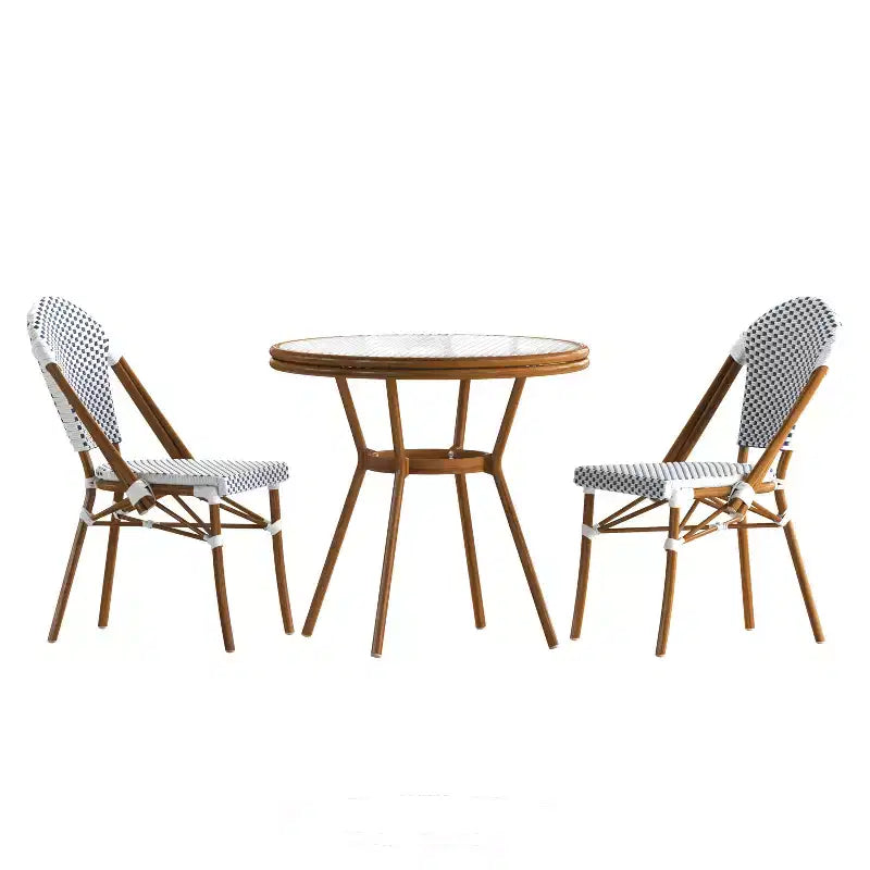 Emma & Oliver Colmar Indoor/Outdoor Bistro Style 31.5 in. Table with PE Rattan, Glass Top, and Two Chairs - Metal Frame