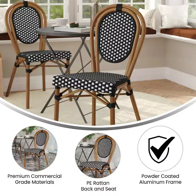 Chaise bistrot empilable Thonet Merrick Lane Celia, assise en rotin PE et cadre en métal pour usage intérieur/extérieur