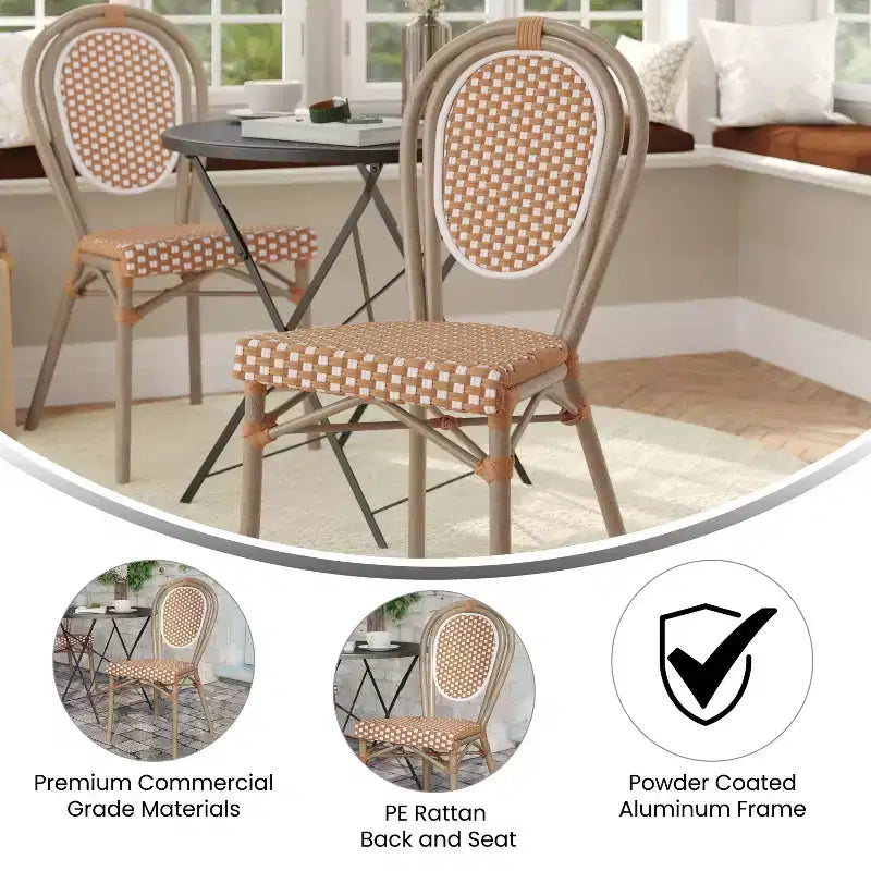 Chaise bistrot empilable Thonet Merrick Lane Celia, assise en rotin PE et cadre en métal pour usage intérieur/extérieur