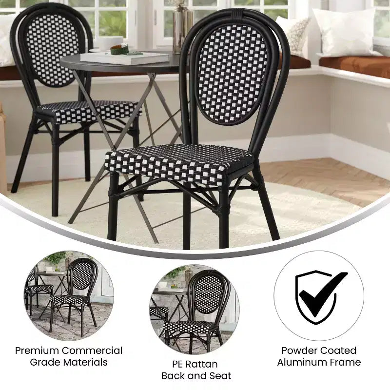 Chaise bistrot empilable Thonet Merrick Lane Celia, assise en rotin PE et cadre en métal pour usage intérieur/extérieur