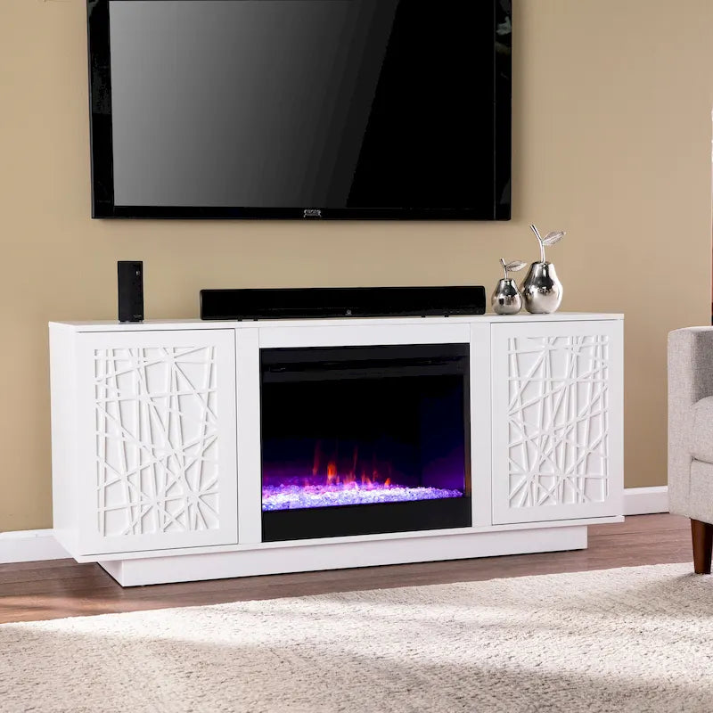Meuble TV multimédia à cheminée électrique changeant de couleur SEI Furniture Delauro avec rangement