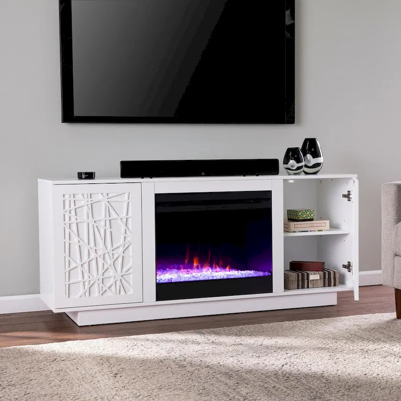 Meuble TV multimédia à cheminée électrique changeant de couleur SEI Furniture Delauro avec rangement