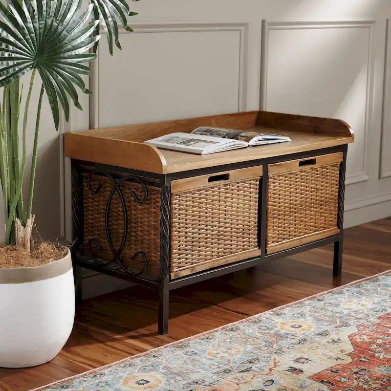 SAFAVIEH Vasilija banc de rangement étain antique / frêne clair - 33 x 15.7 x 20 - 33Wx16Dx20H