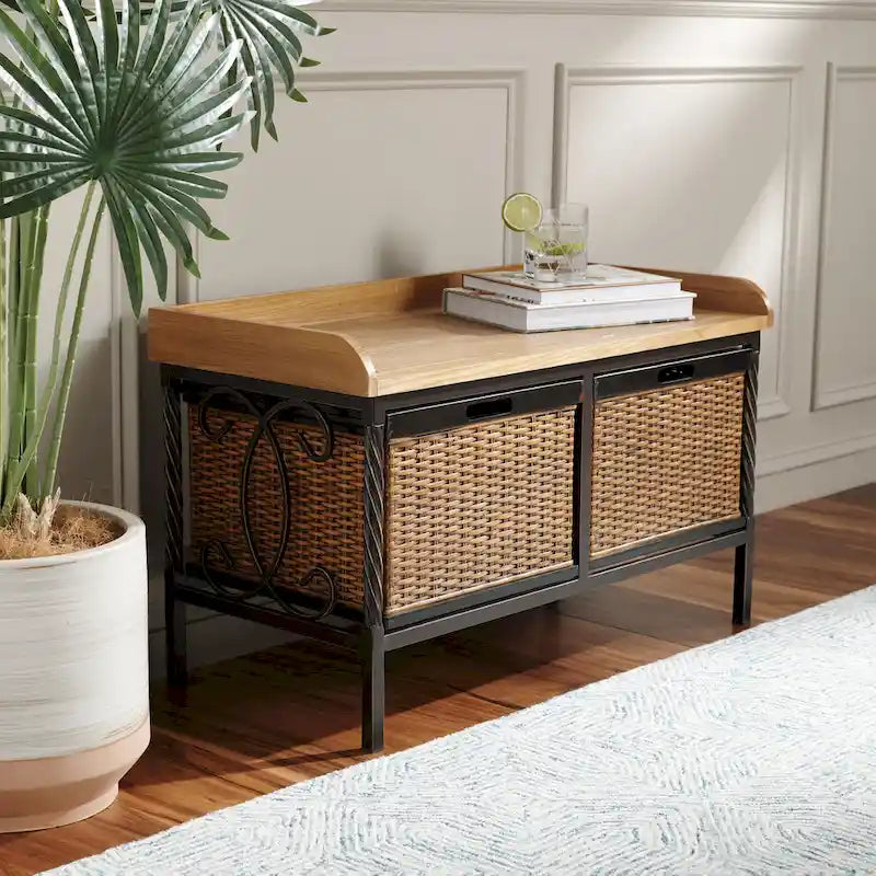 SAFAVIEH Vasilija banc de rangement étain antique / frêne clair - 33 x 15.7 x 20 - 33Wx16Dx20H