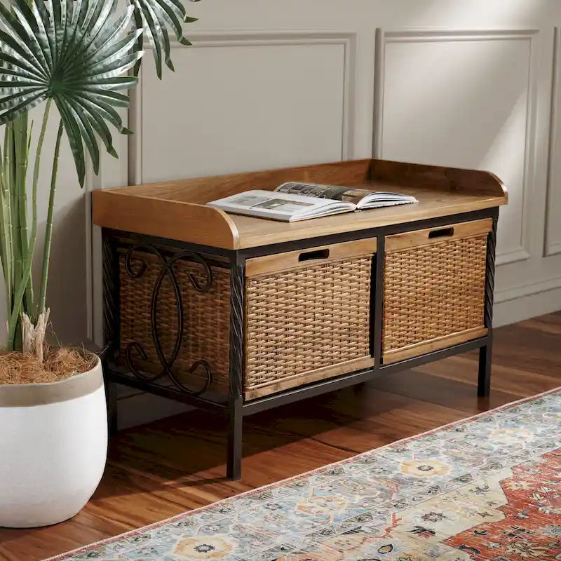 SAFAVIEH Vasilija banc de rangement étain antique / frêne clair - 33 x 15.7 x 20 - 33Wx16Dx20H