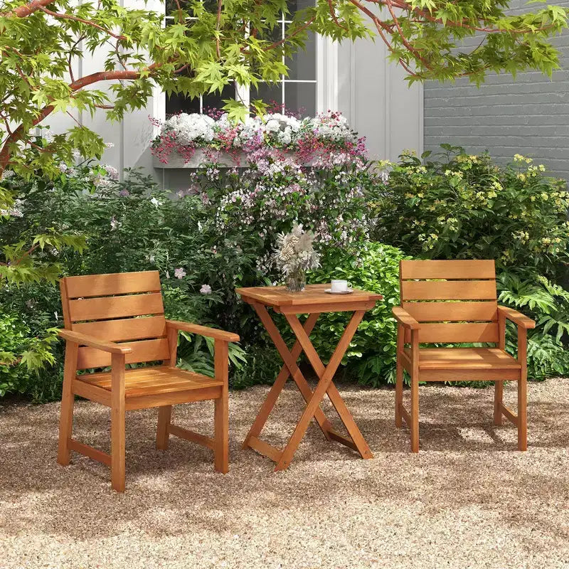 Costway Ensemble bistro en bois d'extérieur 3 pièces avec 2 chaises en bois dur et table bistro pliante de patio