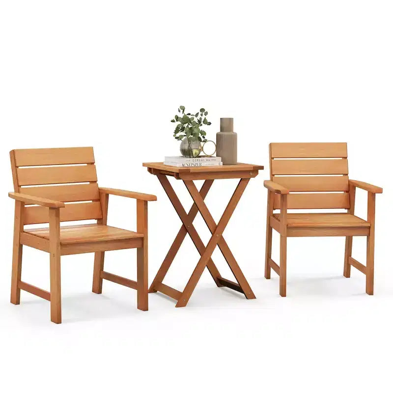 Costway Ensemble bistro en bois d'extérieur 3 pièces avec 2 chaises en bois dur et table bistro pliante de patio