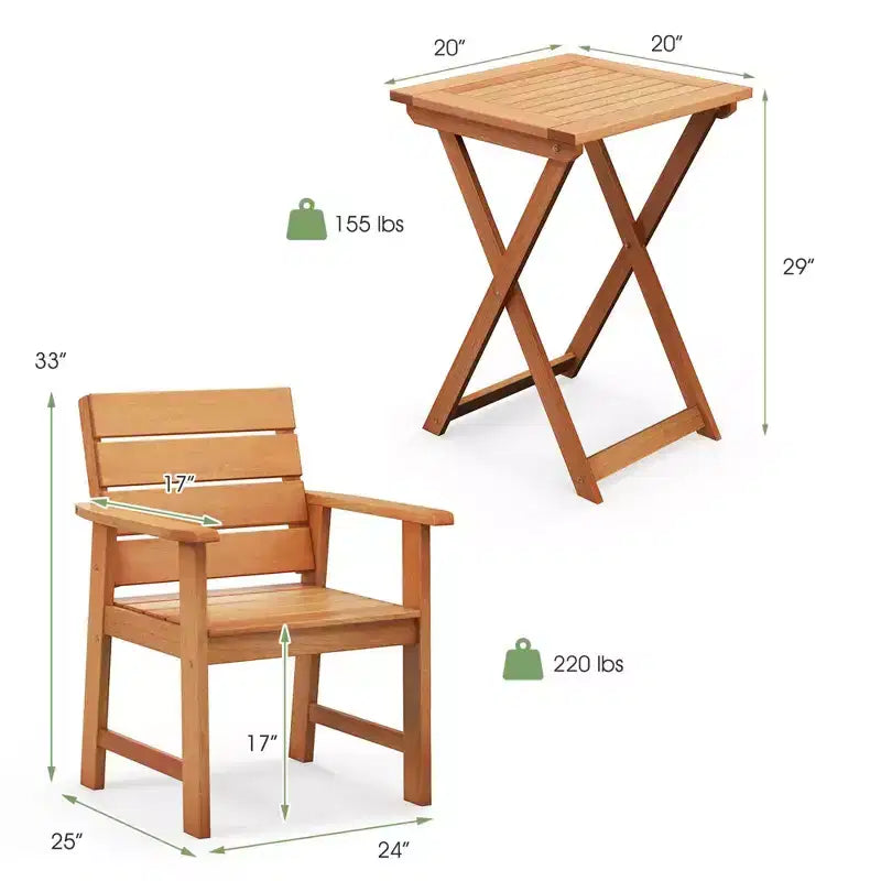 Costway Ensemble bistro en bois d'extérieur 3 pièces avec 2 chaises en bois dur et table bistro pliante de patio