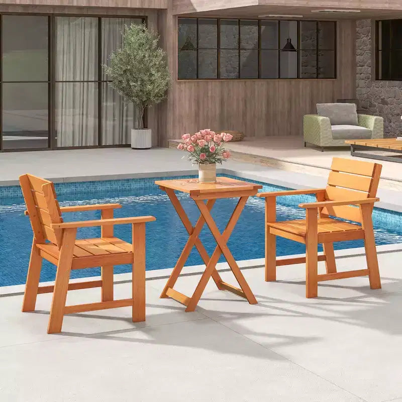 Costway Ensemble bistro en bois d'extérieur 3 pièces avec 2 chaises en bois dur et table bistro pliante de patio