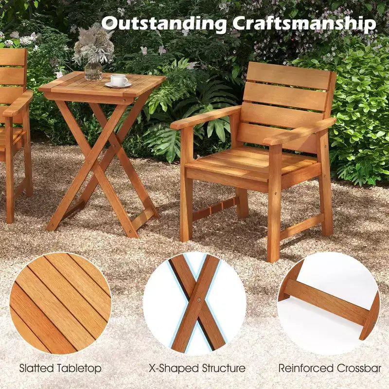 Costway Ensemble bistro en bois d'extérieur 3 pièces avec 2 chaises en bois dur et table bistro pliante de patio