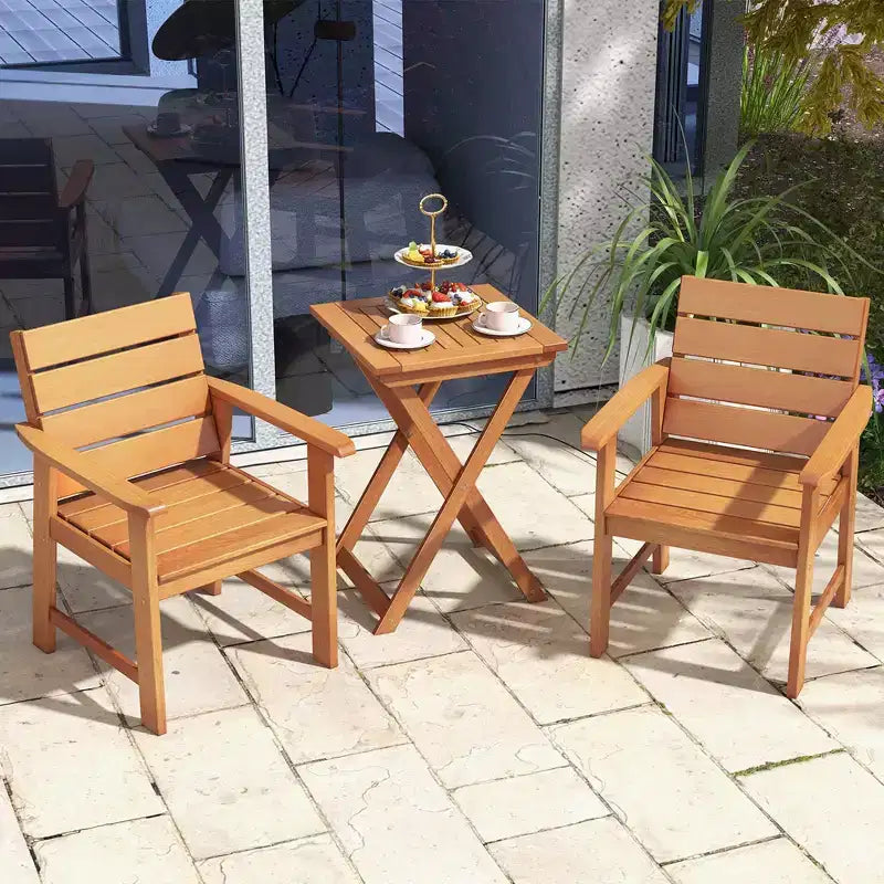 Costway Ensemble bistro en bois d'extérieur 3 pièces avec 2 chaises en bois dur et table bistro pliante de patio