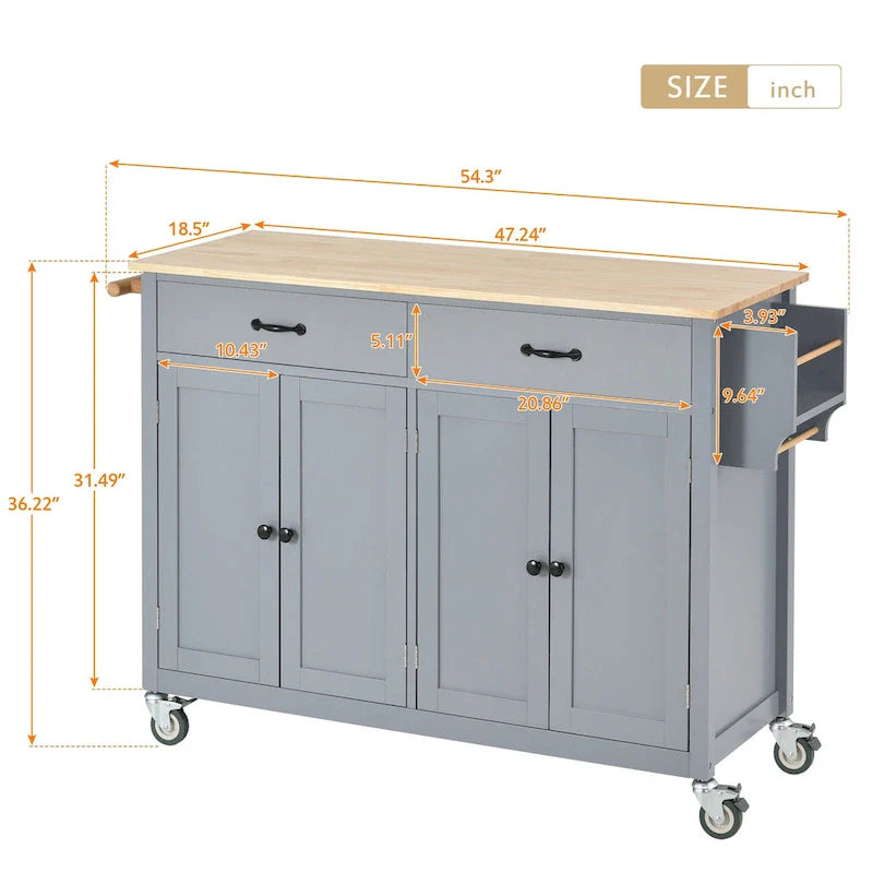 Dessert de cuisine essentiel en MDF avec plateau en bois massif, roues verrouillables et porte-épices