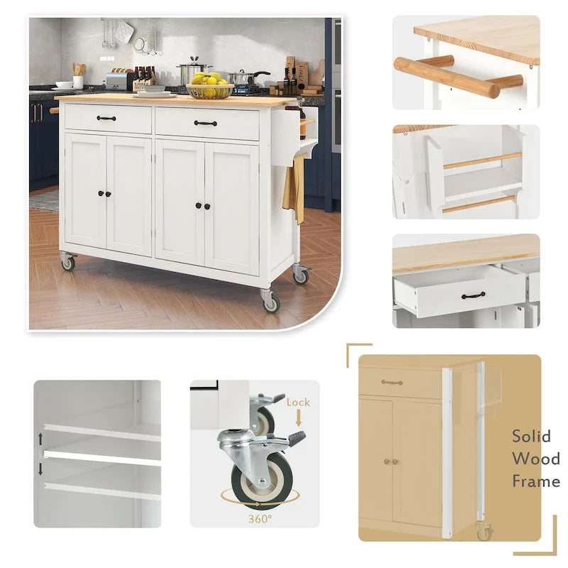 Dessert de cuisine essentiel en MDF avec plateau en bois massif, roues verrouillables et porte-épices