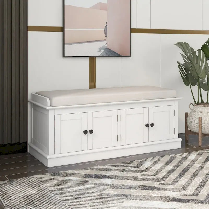 Banc de rangement avec 4 portes et étagères réglables avec coussin amovible (bleu marine antique)