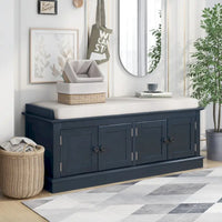 Banc de rangement avec 4 portes et étagères réglables avec coussin amovible (bleu marine antique)