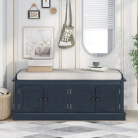 Banc de rangement avec 4 portes et étagères réglables avec coussin amovible (bleu marine antique)