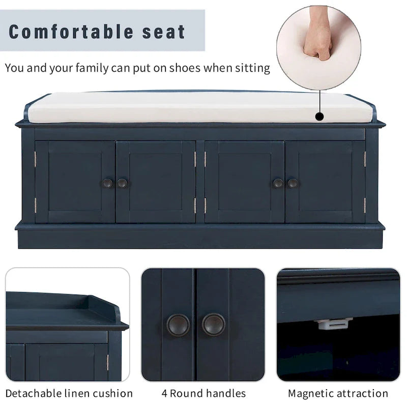 Banc de rangement avec 4 portes et étagères réglables avec coussin amovible (bleu marine antique)