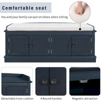 Banc de rangement avec 4 portes et étagères réglables avec coussin amovible (bleu marine antique)