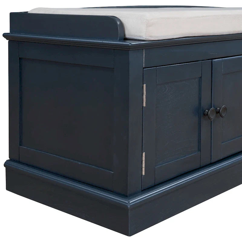 Banc de rangement avec 4 portes et étagères réglables avec coussin amovible (bleu marine antique)