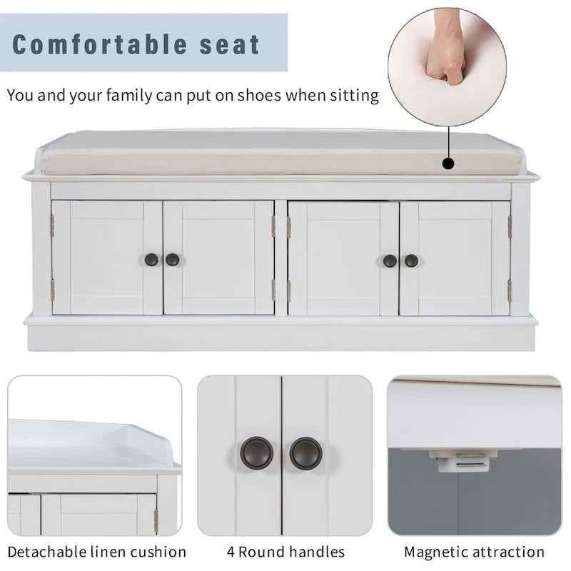 Banc de rangement avec 4 portes et étagères réglables avec coussin amovible (bleu marine antique)