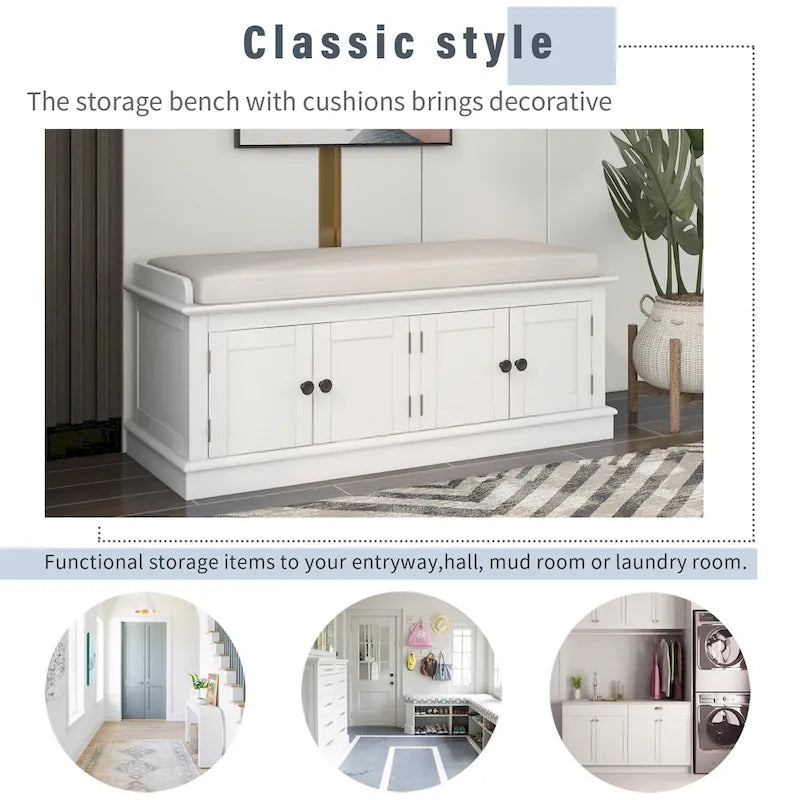 Banc de rangement avec 4 portes et étagères réglables avec coussin amovible (bleu marine antique)
