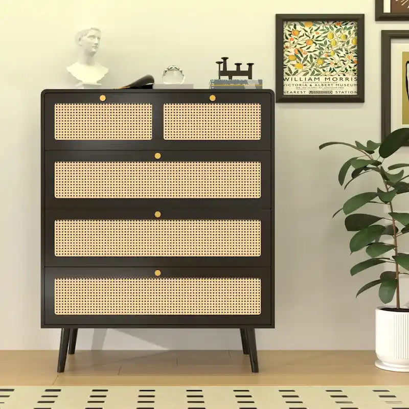 Commode moderne en rotin à 4 tiroirs avec poignées en métal
