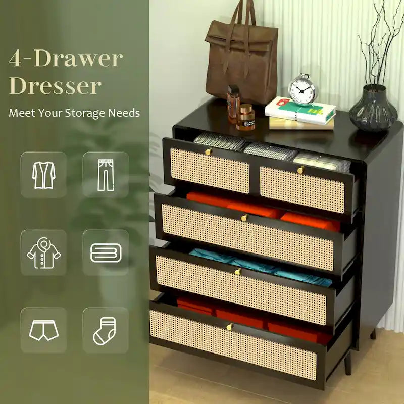 Commode moderne en rotin à 4 tiroirs avec poignées en métal