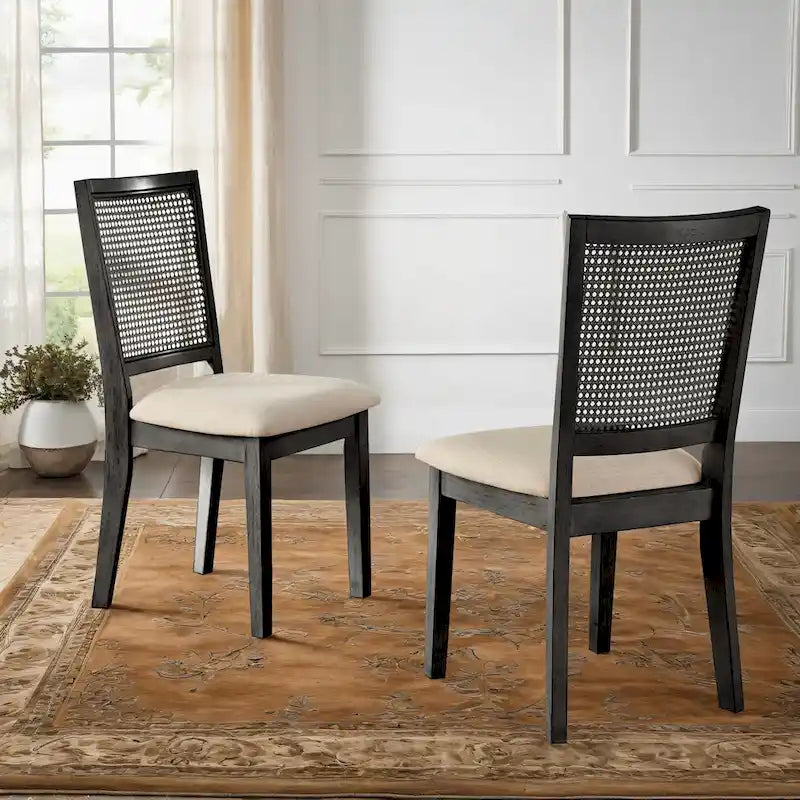 Chaises de salle à manger Ronda en lin beige et dossier en rotin (Lot de 2)
