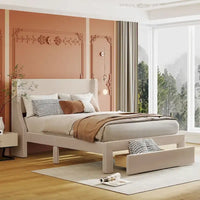 Lit plateforme tapissé en velours beige pleine grandeur avec grand tiroir
