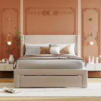 Lit plateforme tapissé en velours beige pleine grandeur avec grand tiroir
