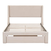 Lit plateforme tapissé en velours beige pleine grandeur avec grand tiroir