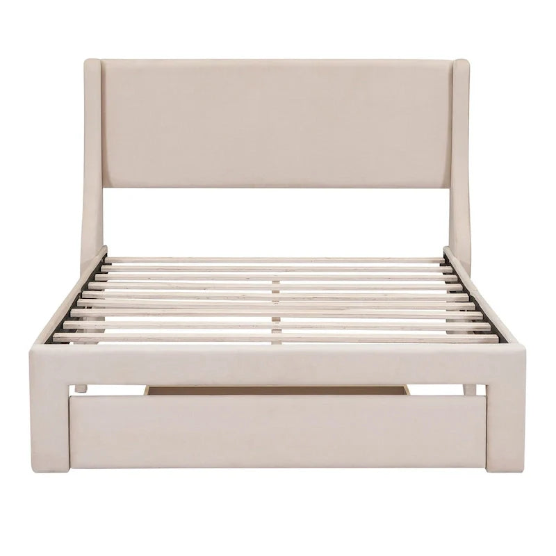 Lit plateforme tapissé en velours beige pleine grandeur avec grand tiroir