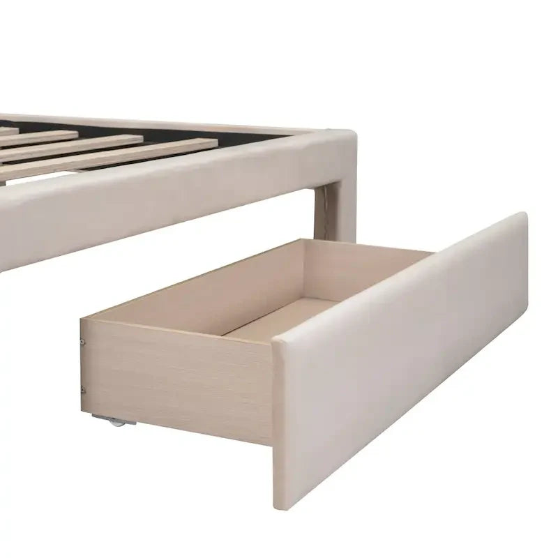 Lit plateforme tapissé en velours beige pleine grandeur avec grand tiroir