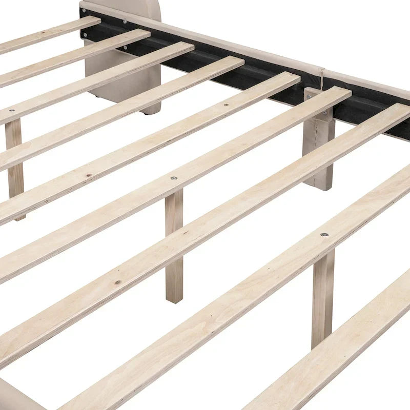 Lit plateforme tapissé en velours beige pleine grandeur avec grand tiroir