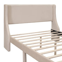 Lit plateforme tapissé en velours beige pleine grandeur avec grand tiroir