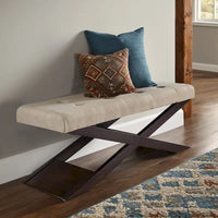 Banc Marzala en lin beige avec piètement en X en bois
