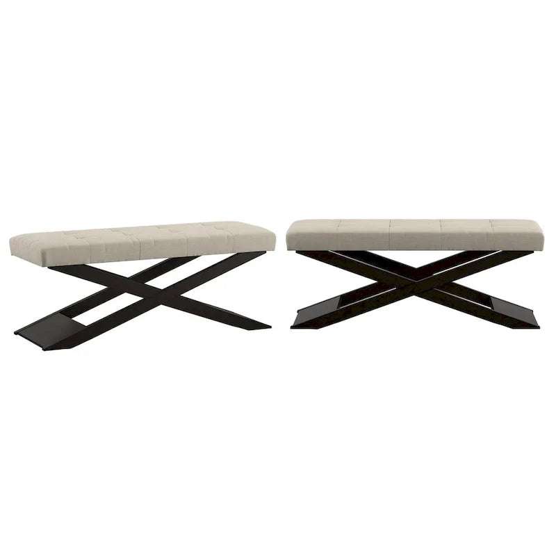 Banc Marzala en lin beige avec piètement en X en bois