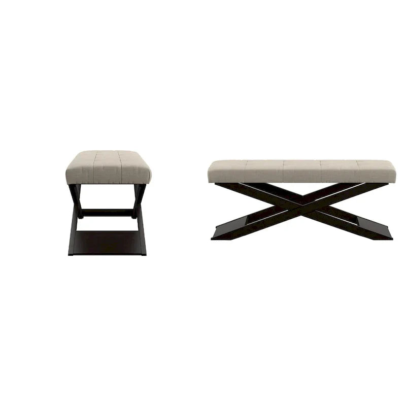 Banc Marzala en lin beige avec piètement en X en bois
