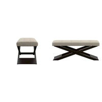 Banc Marzala en lin beige avec piètement en X en bois