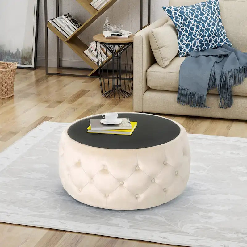 Table basse pouf Chana Glam en velours et verre trempé par Christopher Knight Home