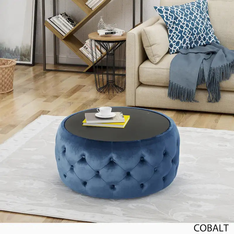 Table basse pouf Chana Glam en velours et verre trempé par Christopher Knight Home