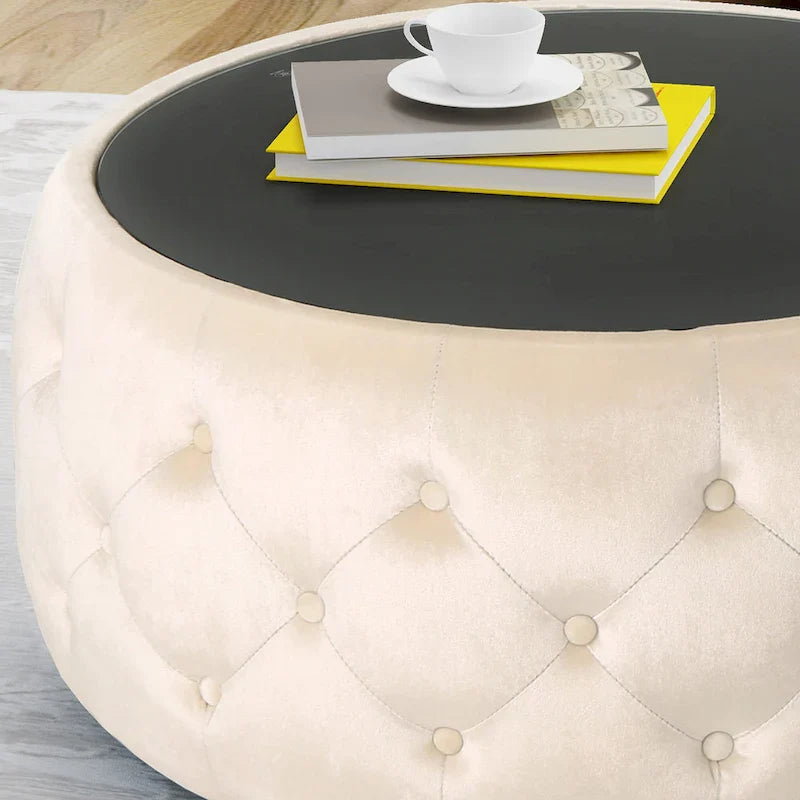Table basse pouf Chana Glam en velours et verre trempé par Christopher Knight Home