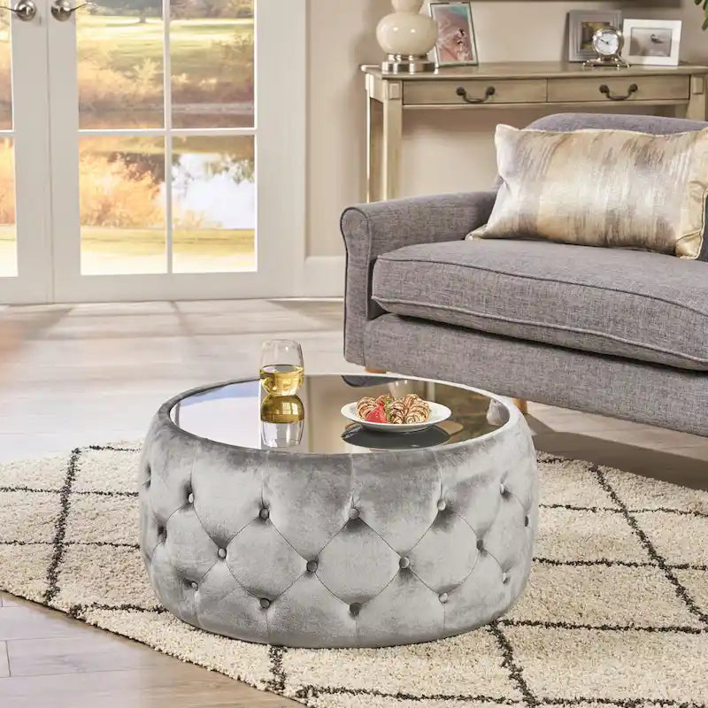 Table basse pouf Chana Glam en velours et verre trempé par Christopher Knight Home