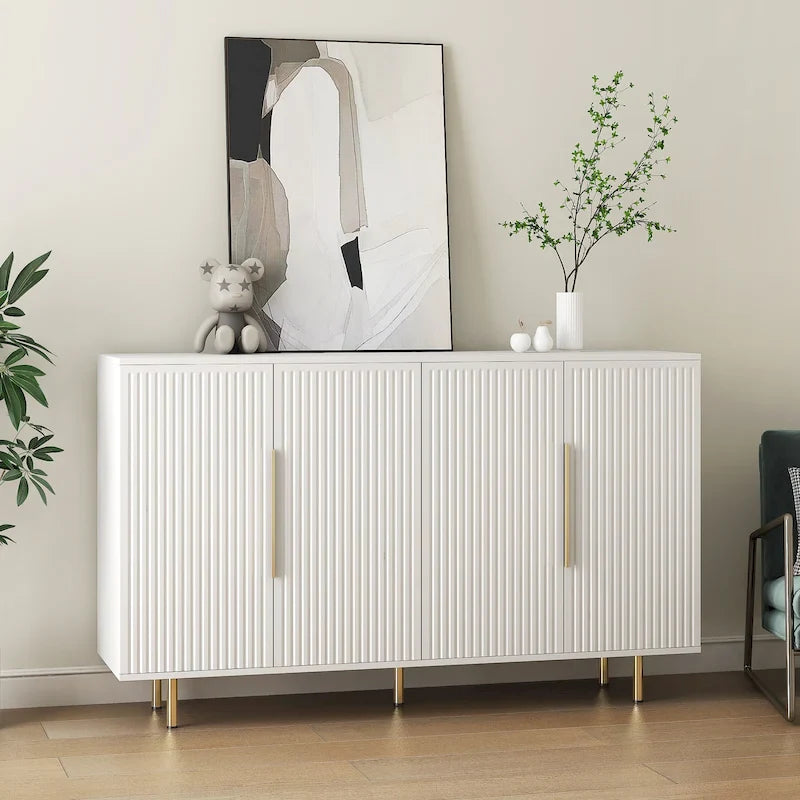 Meuble buffet à portes décoratives cannelées, buffet en bois avec poignées métalliques, armoire de rangement avec étagères réglables