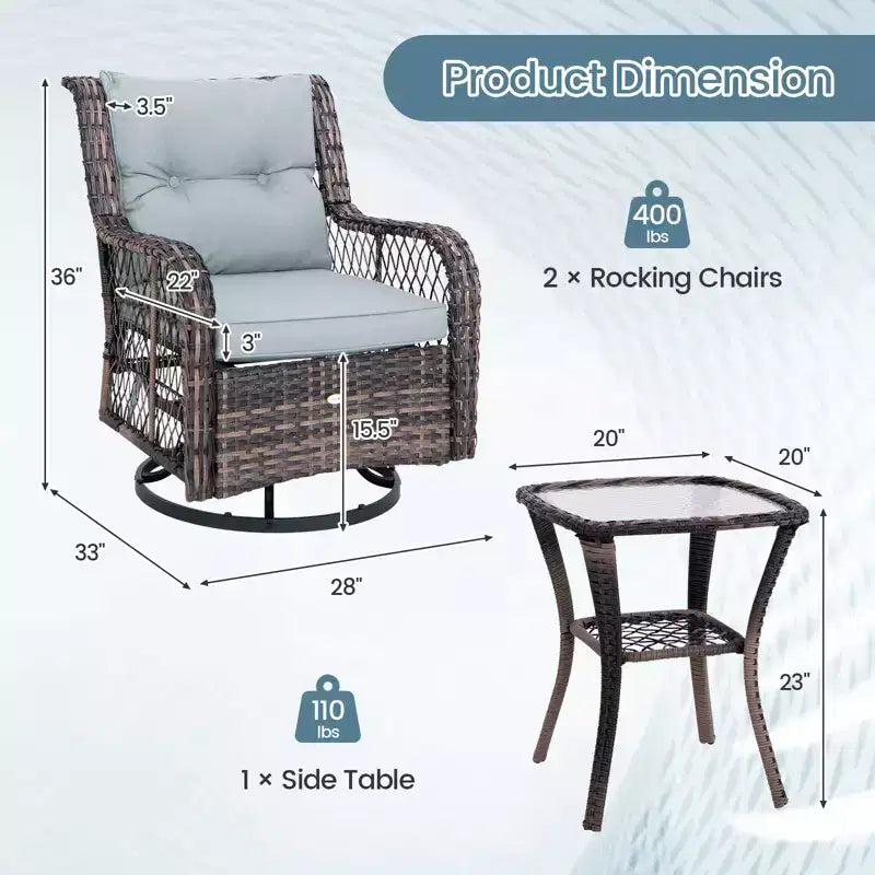 Costway Ensemble de Meubles de Patio 3 Pièces avec 2 Chaises à Bascule et une Table d'Appoint en Verre