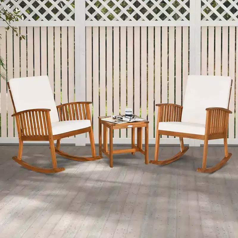 Costway Ensemble bistro à bascule 3 pièces en bois d'acacia avec table basse et coussins pour pelouse