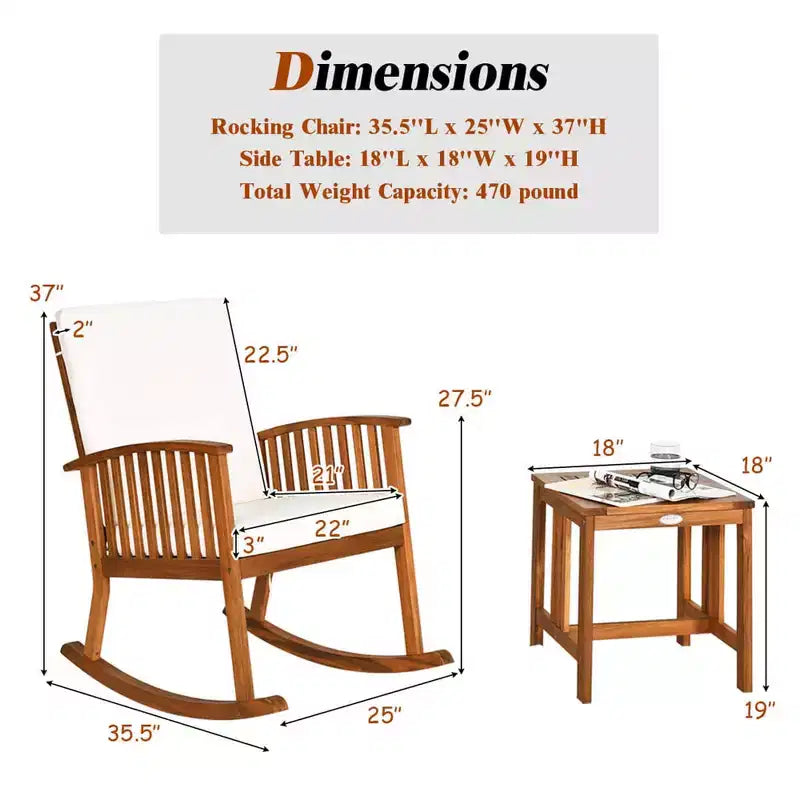 Costway Ensemble bistro à bascule 3 pièces en bois d'acacia avec table basse et coussins pour pelouse