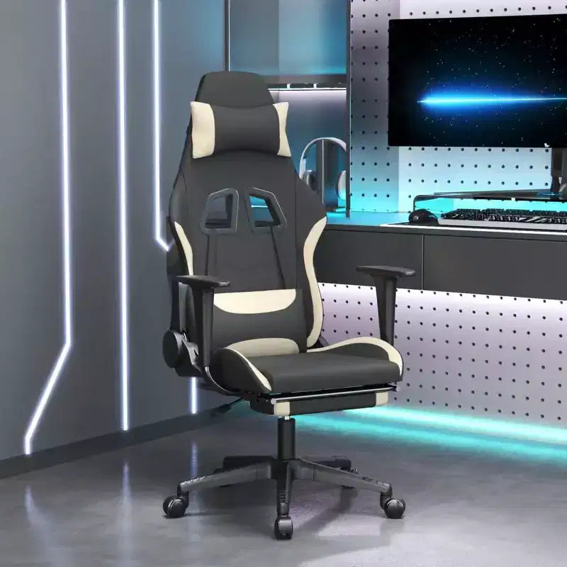 vidaXL Chaise de massage gaming avec repose-pieds, noir et crème, tissu