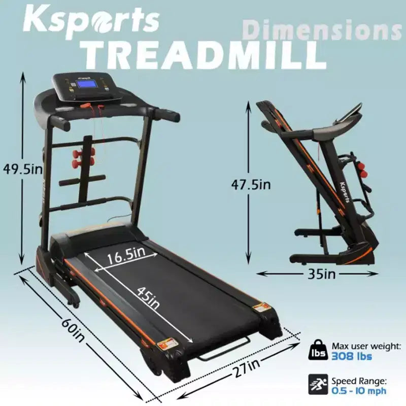 Tapis de course électrique multifonctionnel Ksports pour la maison, entraînement cardio et force avec tapis pour abdominaux, sangle pour sit-ups et inclinaison réglable